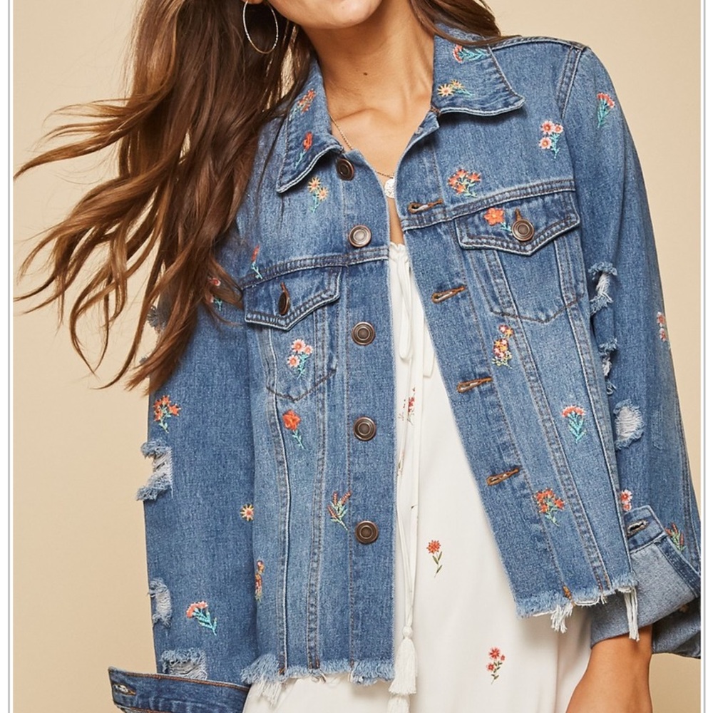 Distressed Denim Jacket Floral Embroidered Detail - Picture 4 of 16